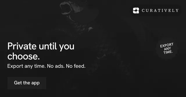 Social ad for Curatively: "Private until you choose." Retro print style, sticker layout, dark palette in black.