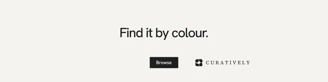 LinkedIn banner for Curatively: "Find it by colour." Swiss style, centred layout, light palette in white.