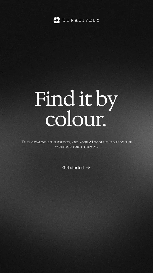Instagram story for Curatively: "Find it by colour." Minimal luxury style, smallcaps layout, dark palette in black, grey.