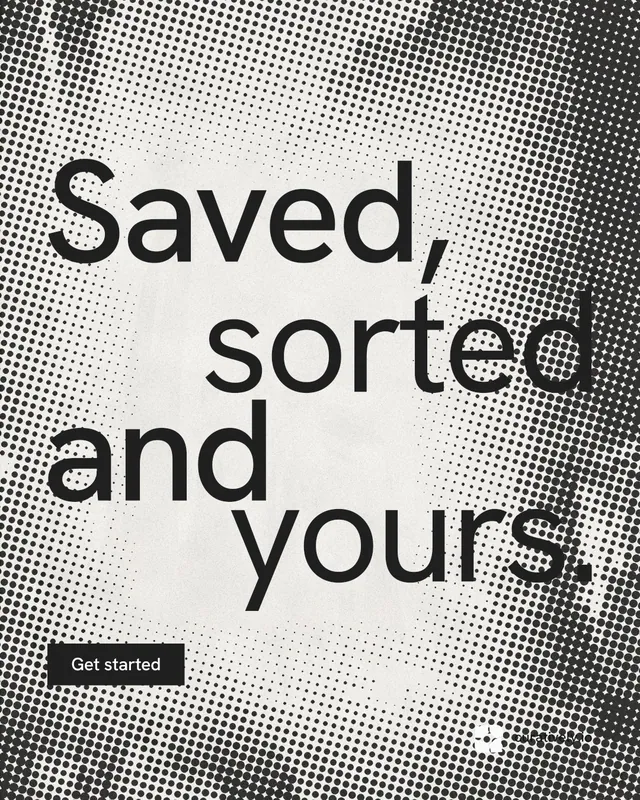 Instagram portrait post for Curatively: "Saved, sorted and yours." Swiss style, stacked layout, light palette in grey, white.
