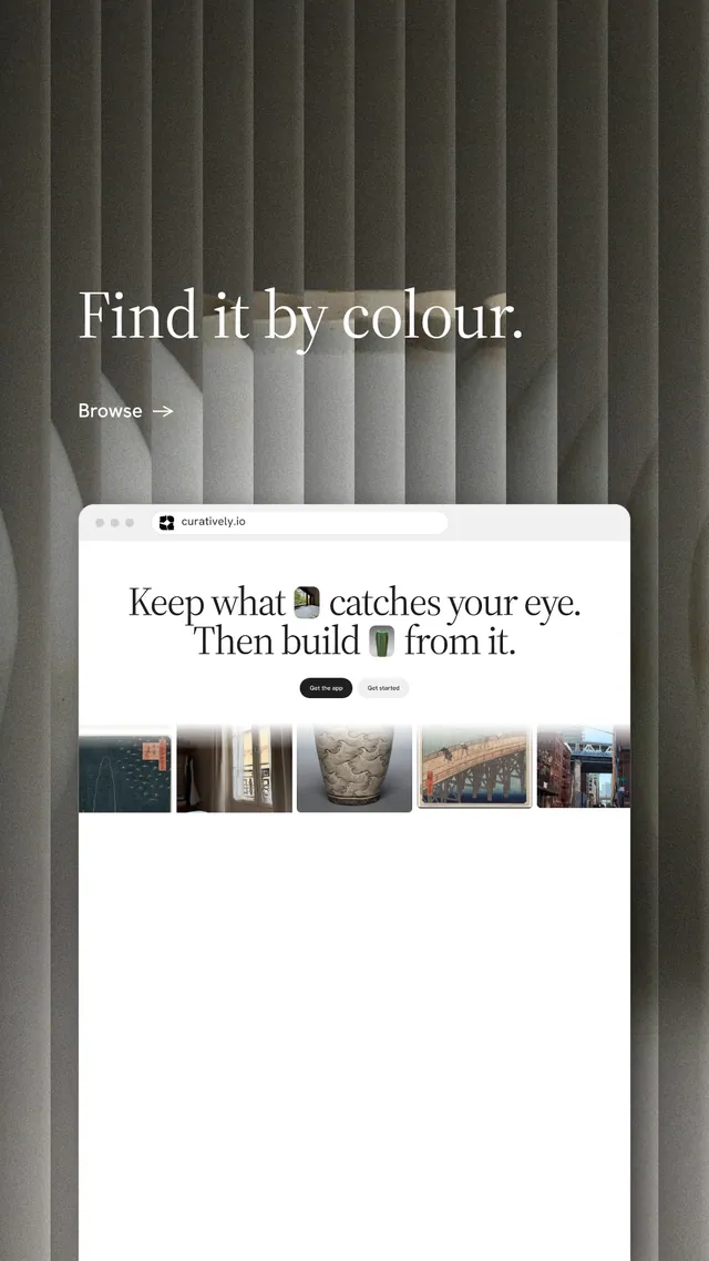 Instagram story for Curatively: "Find it by colour." Minimal luxury style, browser layout, light palette in white, black, grey.