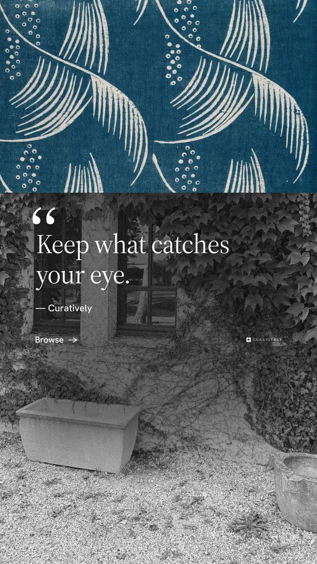 Instagram story for Curatively: "Save it from anywhere." Minimal luxury style, quote layout, dark palette in blue, black, grey.