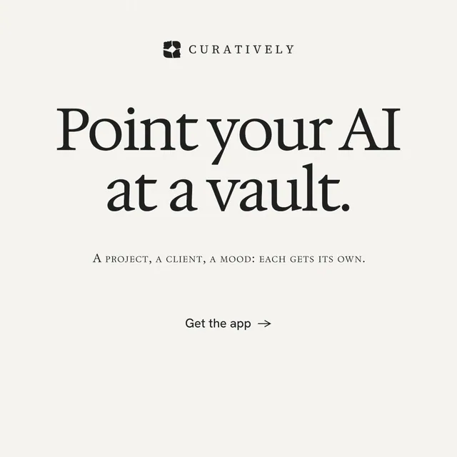 Instagram post for Curatively: "Point your AI at a vault." Editorial style, smallcaps layout, light palette in white.