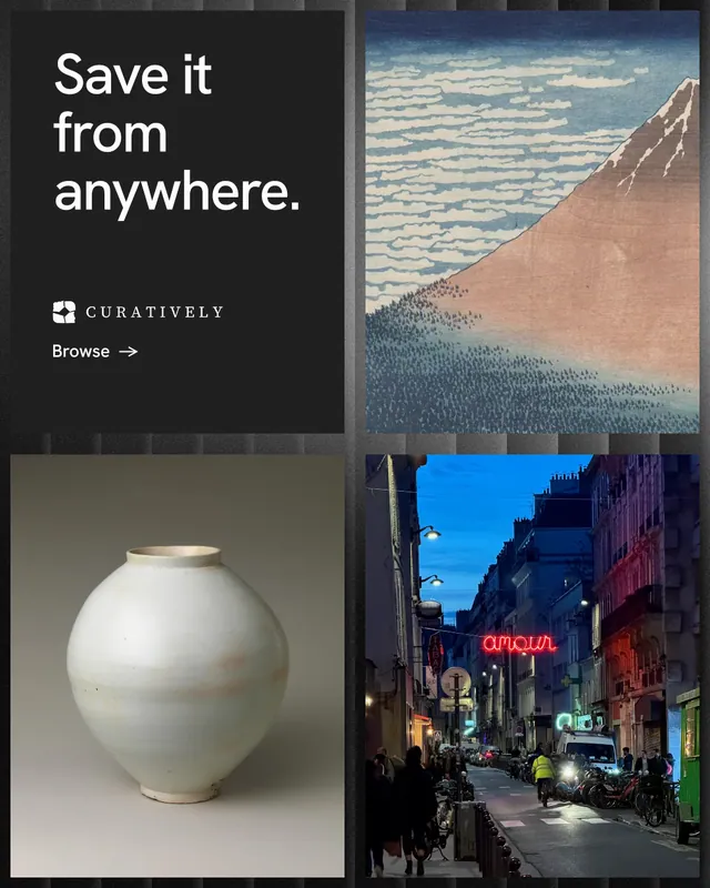 Instagram portrait post for Curatively: "Save it from anywhere." Minimal luxury style, collage layout, dark palette in black, grey.