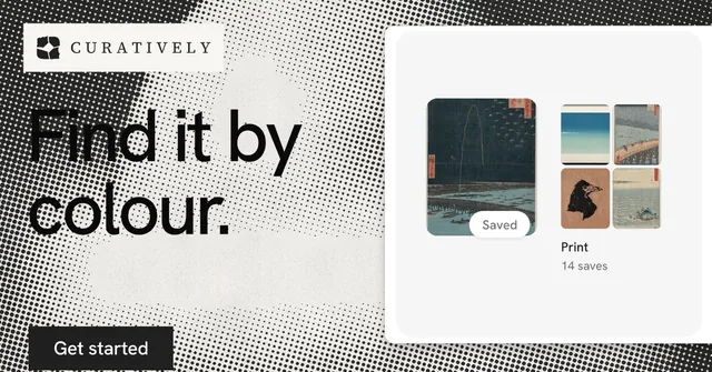 Social ad for Curatively: "Find it by colour." Swiss style, bottom layout, light palette in white, grey.