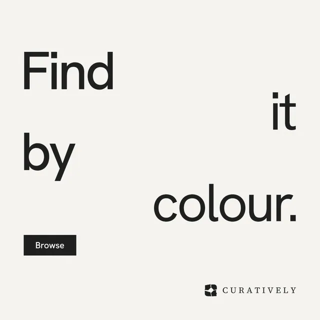 Instagram post for Curatively: "Find it by colour." Swiss style, stacked layout, light palette in white.