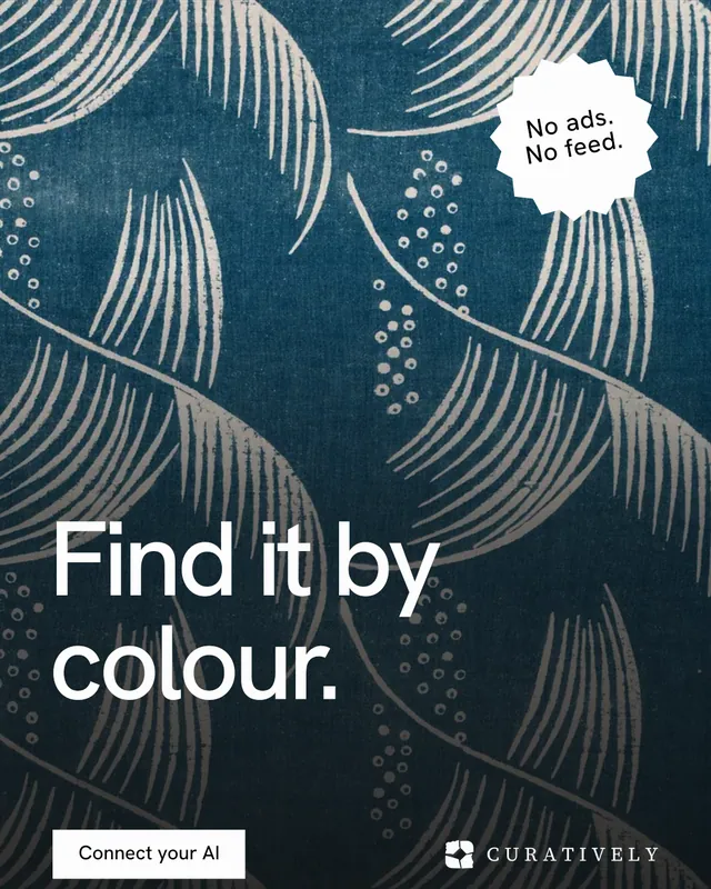 Instagram portrait post for Curatively: "Find it by colour." Swiss style, sticker layout, dark palette in blue, grey, black.
