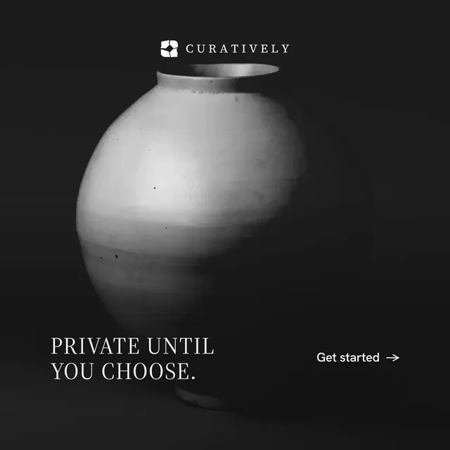 Instagram post for Curatively: "Private until you choose." Editorial style, image led layout, dark palette in black, grey.