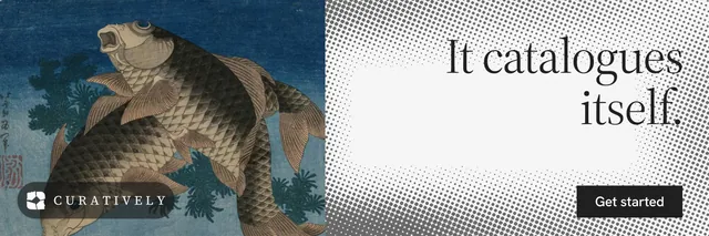 X header for Curatively: "It catalogues itself." Split block style, right layout, light palette in blue, grey, white.