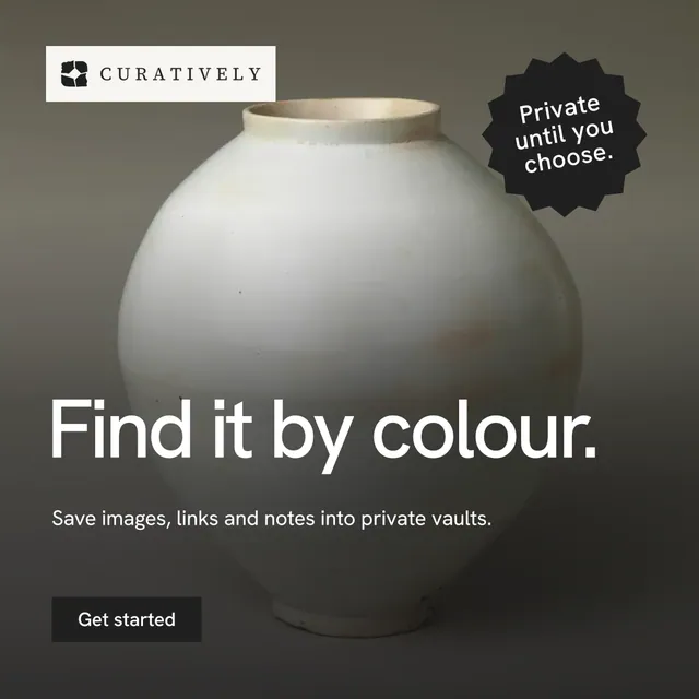 Instagram post for Curatively: "Find it by colour." Swiss style, sticker layout, dark palette in grey, black, white.