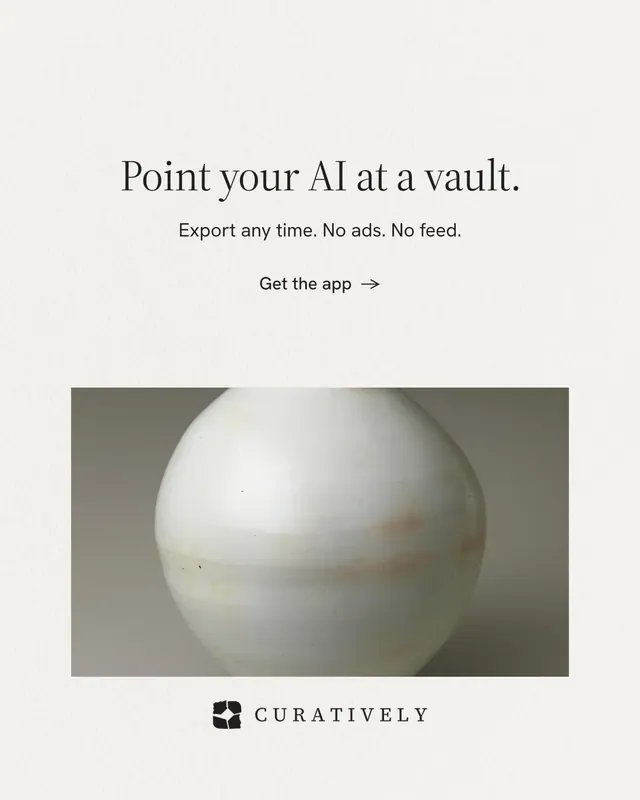 Instagram portrait post for Curatively: "Point your AI at a vault." Minimal luxury style, centred layout, light palette in white, grey.