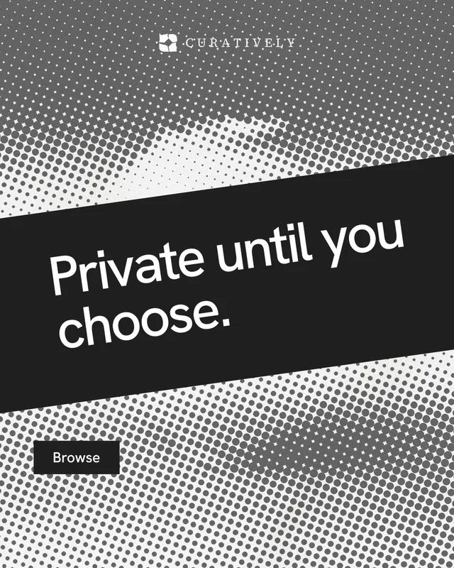 Instagram portrait post for Curatively: "Private until you choose." Swiss style, diagonal layout, light palette in grey, black.