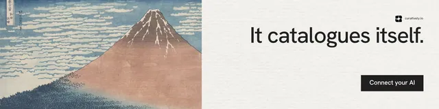LinkedIn banner for Curatively: "It catalogues itself." Swiss style, right layout, light palette in grey, white.