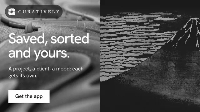 Landscape graphic for Curatively: "Saved, sorted and yours." Swiss style, bottom layout, dark palette in black, grey.