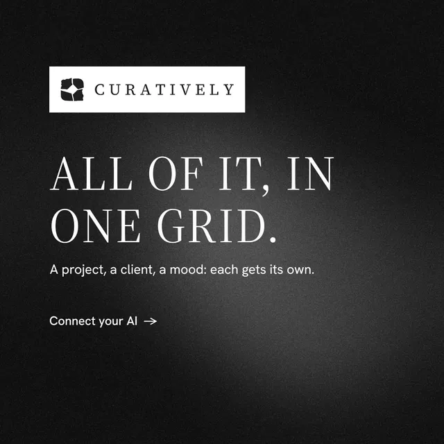 Instagram post for Curatively: "All of it, in one grid." Minimal luxury style, announce layout, dark palette in black, grey.
