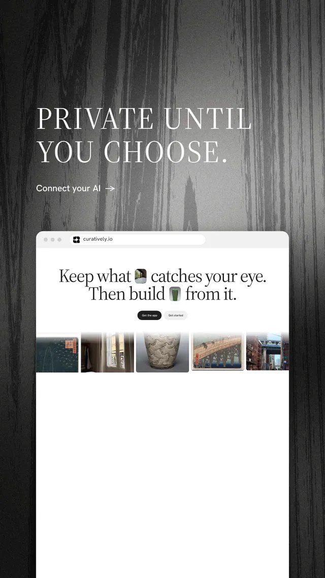 Instagram story for Curatively: "Private until you choose." Minimal luxury style, browser layout, light palette in white, black, grey.