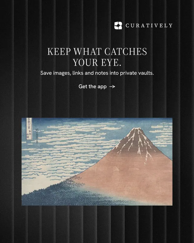Instagram portrait post for Curatively: "Keep what catches your eye." Minimal luxury style, centred layout, dark palette in grey, black.