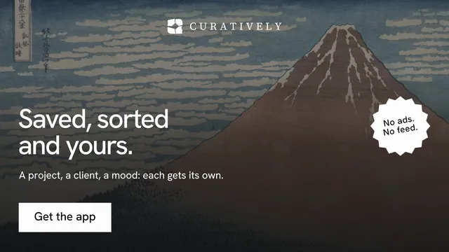 Landscape graphic for Curatively: "Saved, sorted and yours." Swiss style, sticker layout, dark palette in black, grey.