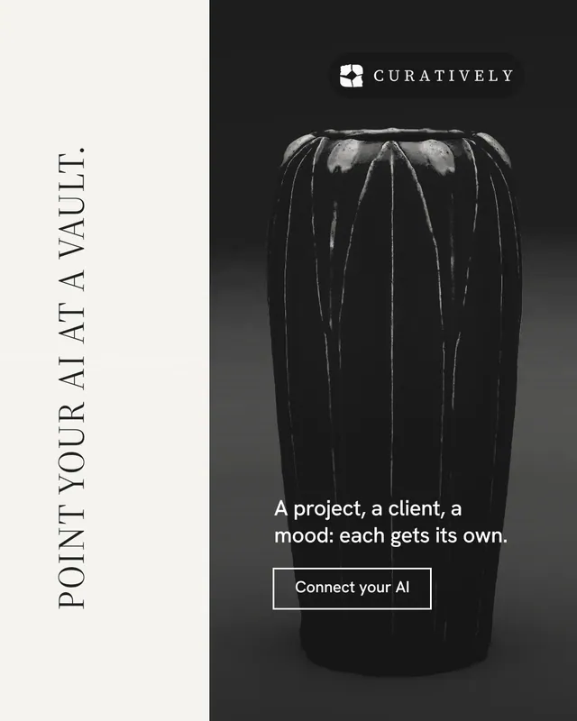 Instagram portrait post for Curatively: "Point your AI at a vault." Editorial style, vertical layout, light palette in black, white, grey.