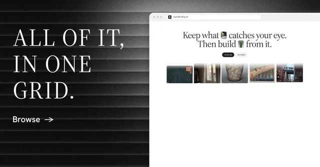 Social ad for Curatively: "All of it, in one grid." Minimal luxury style, browser layout, light palette in white, black, grey.