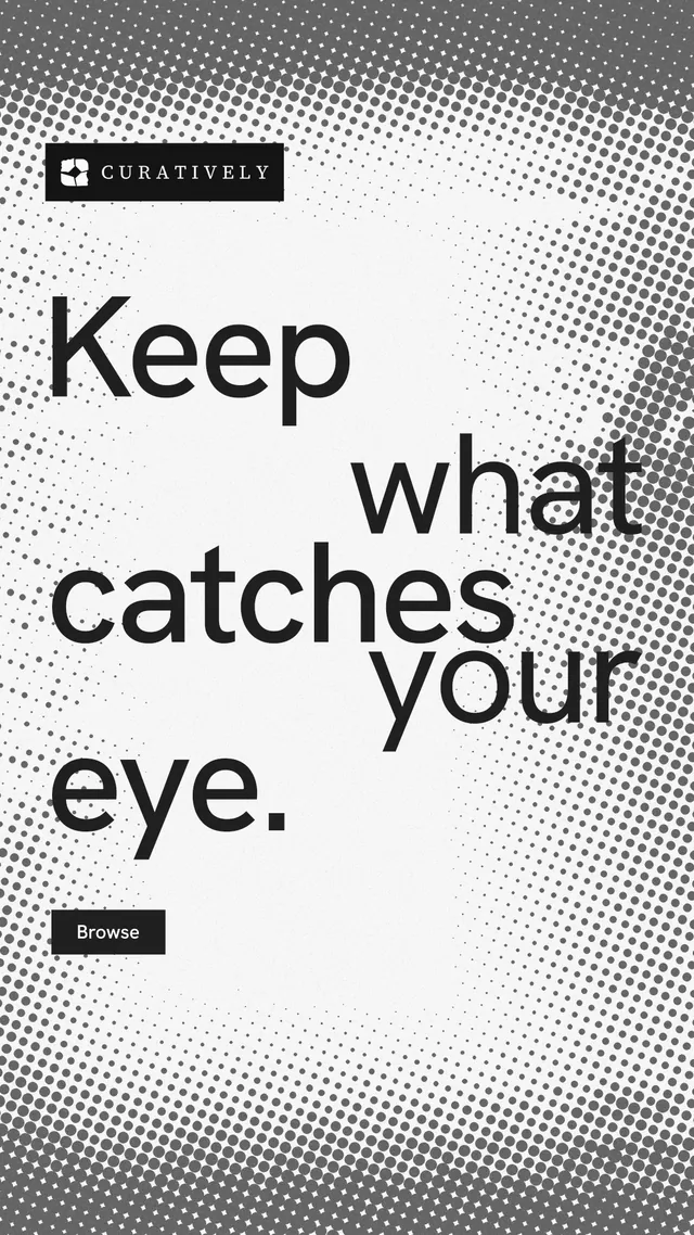 Instagram story for Curatively: "Keep what catches your eye." Swiss style, stacked layout, light palette in grey, white.