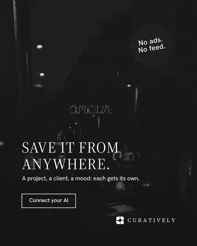 Instagram portrait post for Curatively: "Save it from anywhere." Editorial style, sticker layout, dark palette in black.