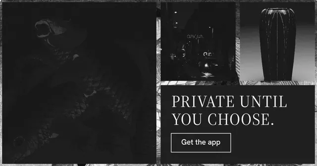 Social ad for Curatively: "Private until you choose." Editorial style, collage layout, dark palette in black, grey.