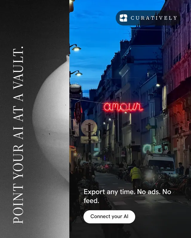 Instagram portrait post for Curatively: "Point your AI at a vault." Photo poster style, vertical layout, dark palette in grey, black, blue.