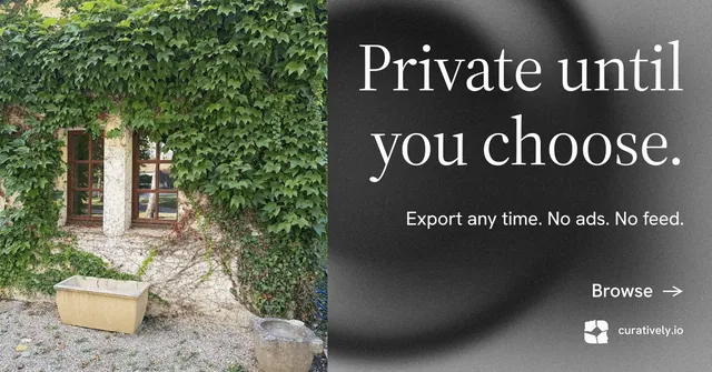 Social ad for Curatively: "Private until you choose." Minimal luxury style, right layout, dark palette in grey, black, green.