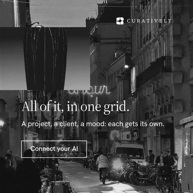 Instagram post for Curatively: "All of it, in one grid." Editorial style, skeleton layout, dark palette in black, grey.
