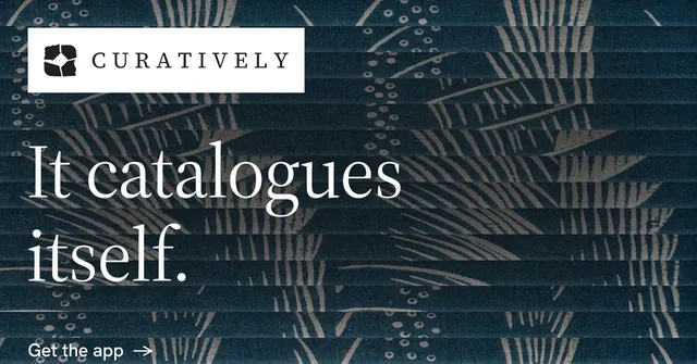 Social ad for Curatively: "It catalogues itself." Minimal luxury style, announce layout, dark palette in black, blue, grey.