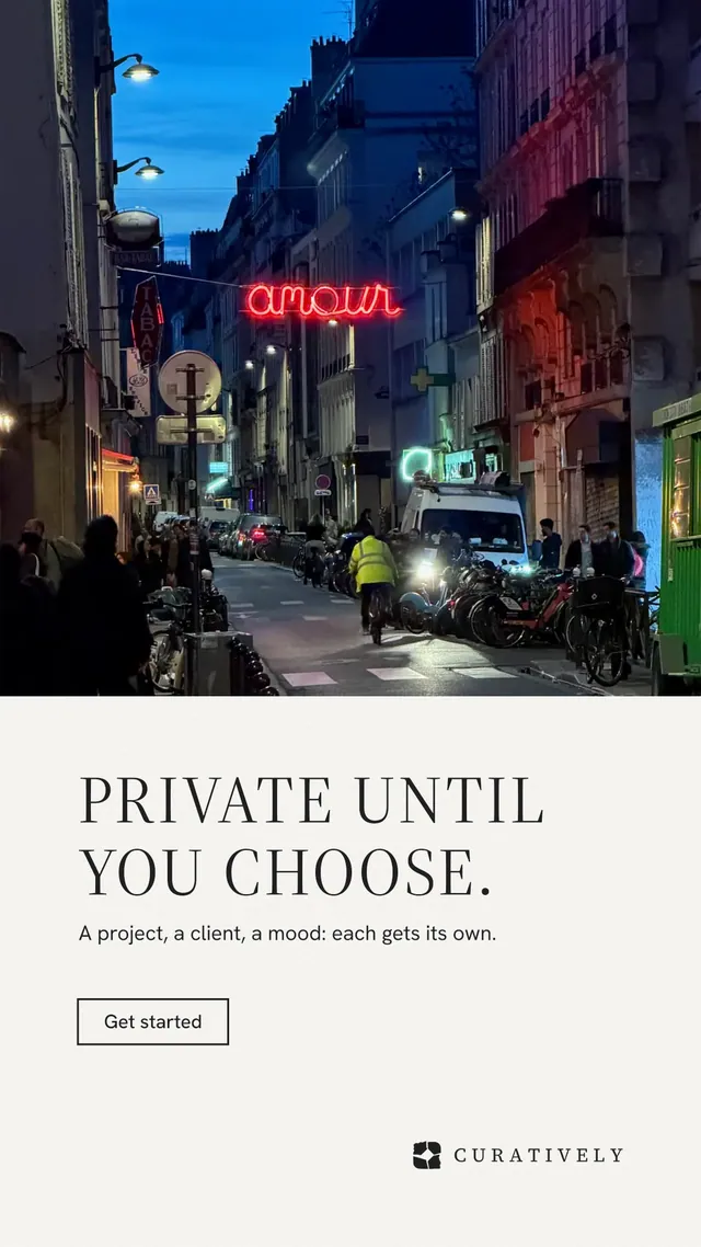Instagram story for Curatively: "Private until you choose." Editorial style, bottom layout, light palette in white, black, grey.