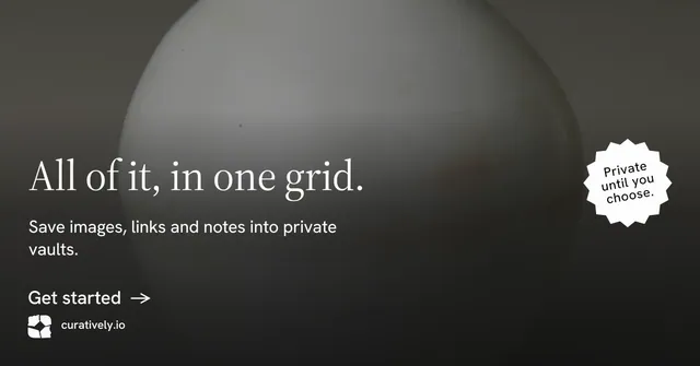 Social ad for Curatively: "All of it, in one grid." Minimal luxury style, sticker layout, dark palette in grey, black.