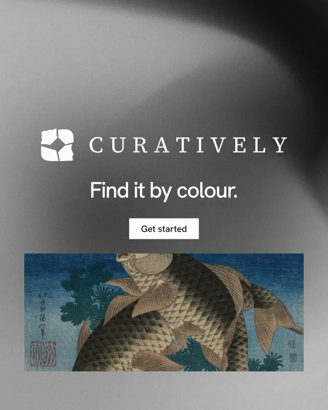 Instagram portrait post for Curatively: "Find it by colour." Swiss style, logo hero layout, light palette in grey, black.