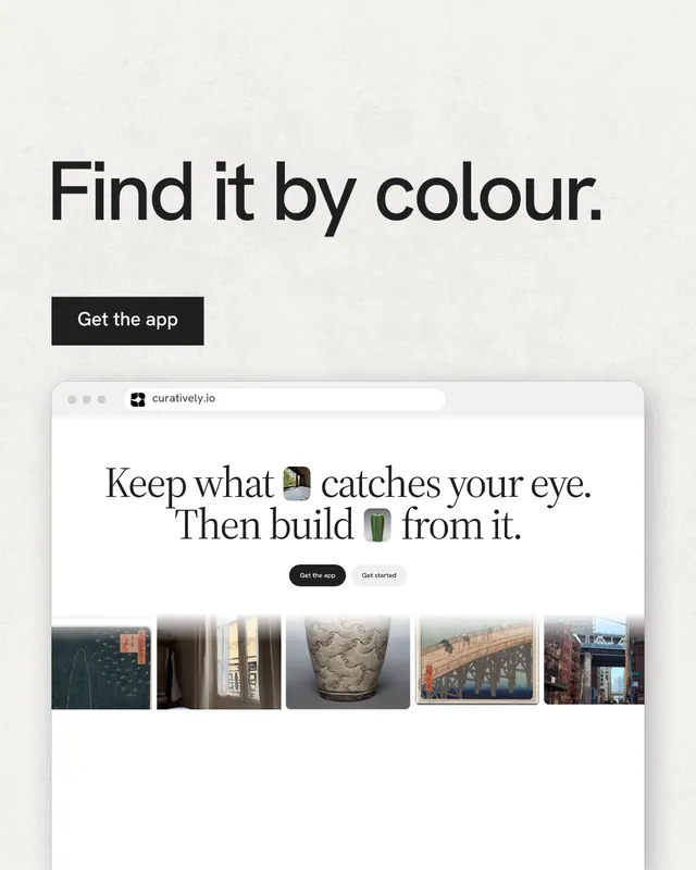 Instagram portrait post for Curatively: "Find it by colour." Swiss style, browser layout, light palette in white, grey.