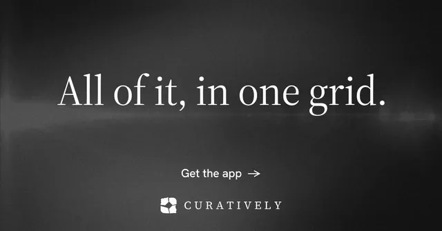 Social ad for Curatively: "All of it, in one grid." Minimal luxury style, centred layout, dark palette in black, grey.