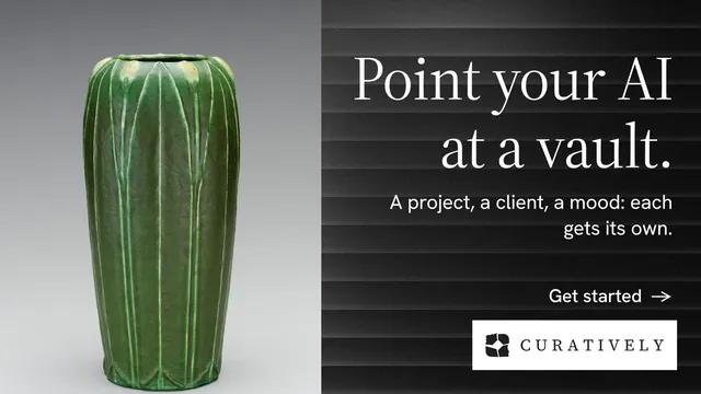 Landscape graphic for Curatively: "Point your AI at a vault." Minimal luxury style, right layout, dark palette in black, grey.