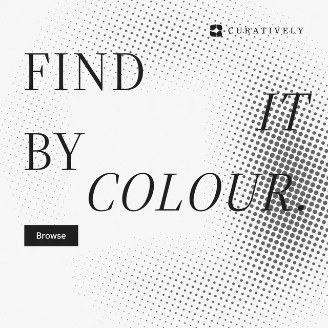 Instagram post for Curatively: "Find it by colour." Split block style, stacked layout, light palette in white, grey.