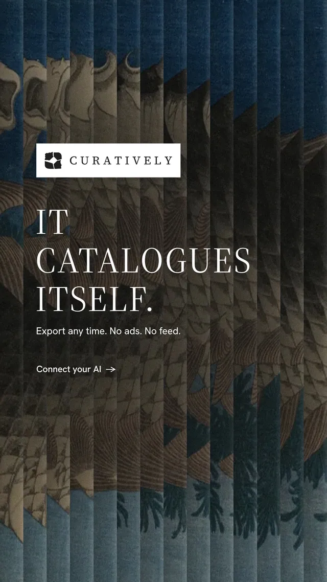 Instagram story for Curatively: "It catalogues itself." Minimal luxury style, announce layout, dark palette in black, grey.