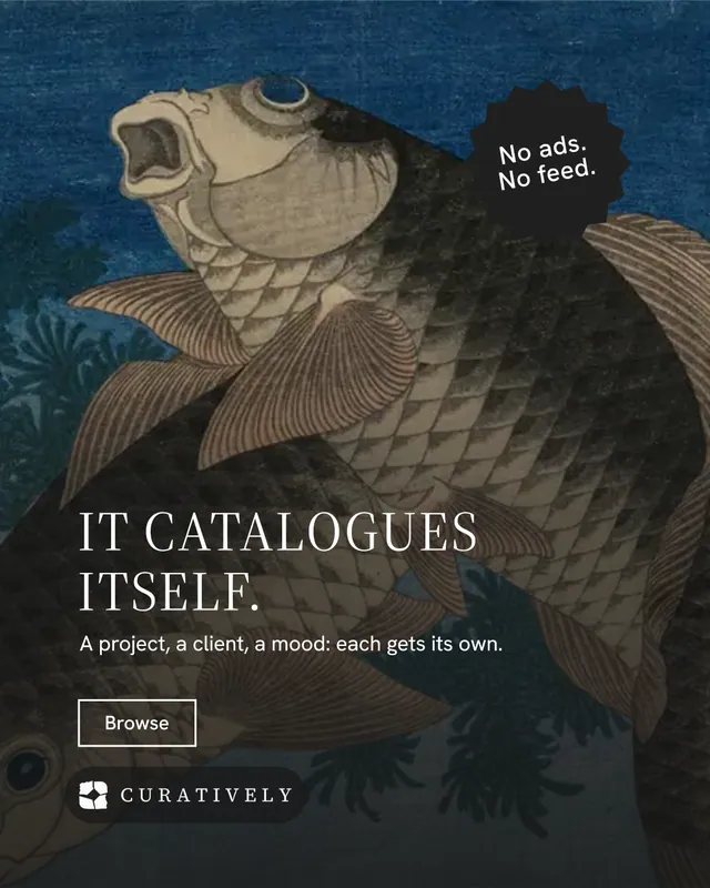 Instagram portrait post for Curatively: "It catalogues itself." Editorial style, sticker layout, dark palette in black, blue, grey.