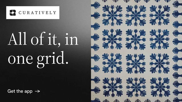 Landscape graphic for Curatively: "All of it, in one grid." Minimal luxury style, bottom layout, dark palette in black, grey.