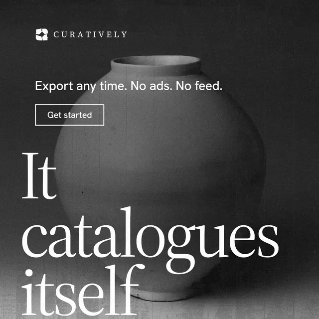 Instagram post for Curatively: "Then build from it." Editorial style, oversized layout, dark palette in grey, black.