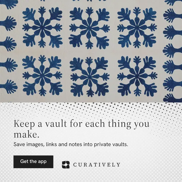 Instagram post for Curatively: "Keep a vault for each thing you make." Split block style, bottom layout, light palette in grey, blue, white.