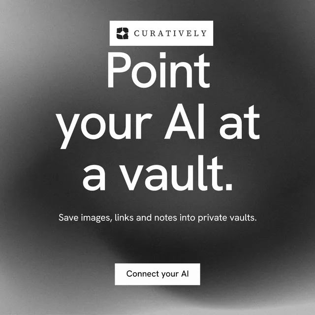 Instagram post for Curatively: "Point your AI at a vault." Swiss style, centred layout, dark palette in black, grey.