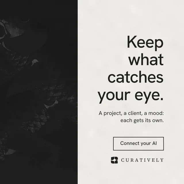 Instagram post for Curatively: "Keep what catches your eye." Editorial style, right layout, light palette in black, white.