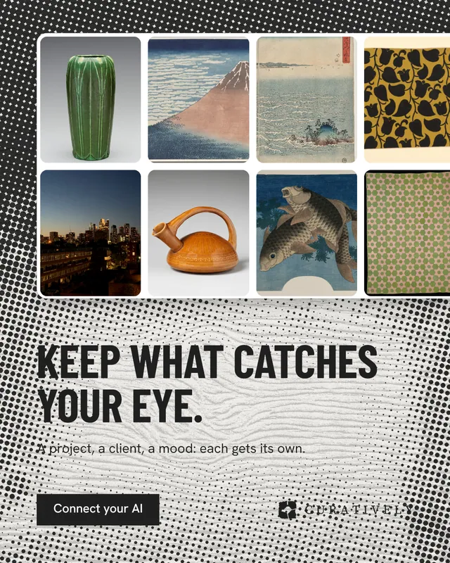 Instagram portrait post for Curatively: "Keep what catches your eye." Retro print style, bottom layout, light palette in grey, white.