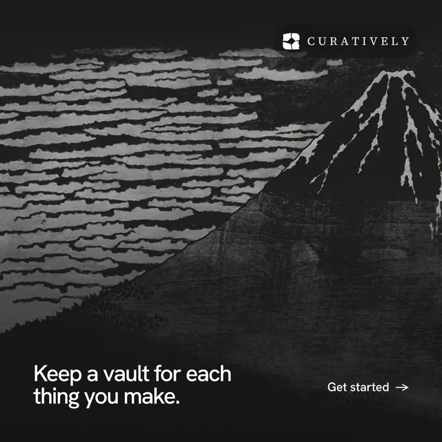 Instagram post for Curatively: "Keep a vault for each thing you make." Swiss style, image led layout, dark palette in black, grey.