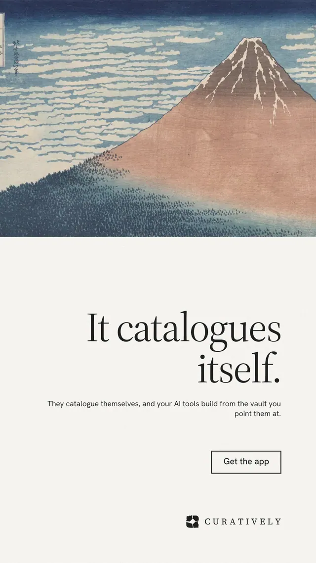 Instagram story for Curatively: "It catalogues itself." Editorial style, right layout, light palette in white, grey.