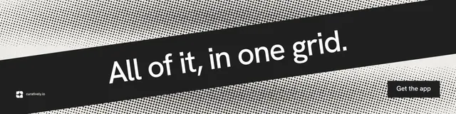 LinkedIn banner for Curatively: "All of it, in one grid." Swiss style, diagonal layout, dark palette in black, grey.