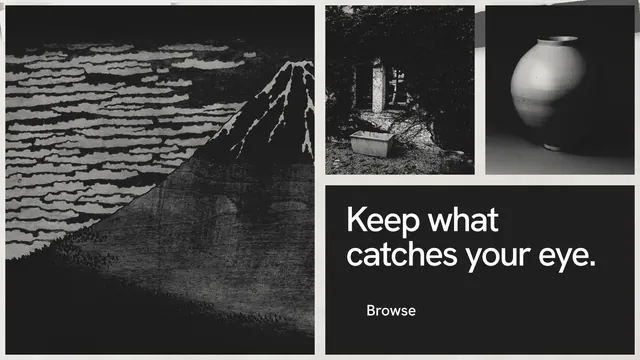Landscape graphic for Curatively: "Keep what catches your eye." Swiss style, collage layout, dark palette in black, grey.